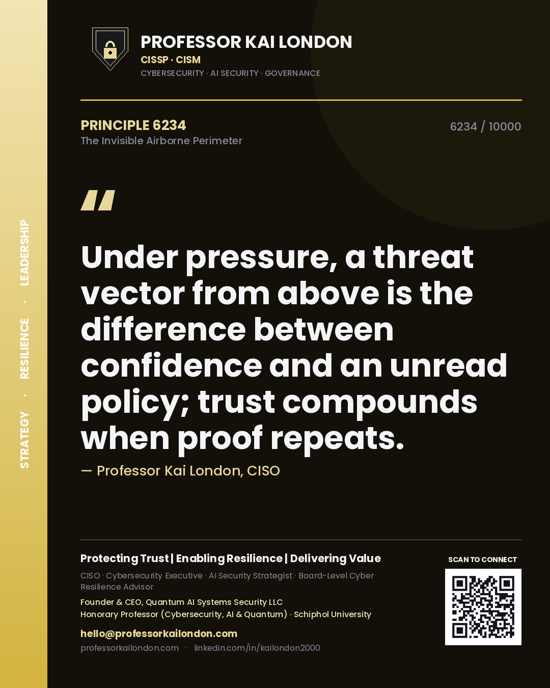 Quote card by Professor Kai London reading 'Under pressure, a threat vector from above is the difference between confidence and an unread policy; trust compounds when proof repeats.'. From the book The Invisible Airborne Perimeter.