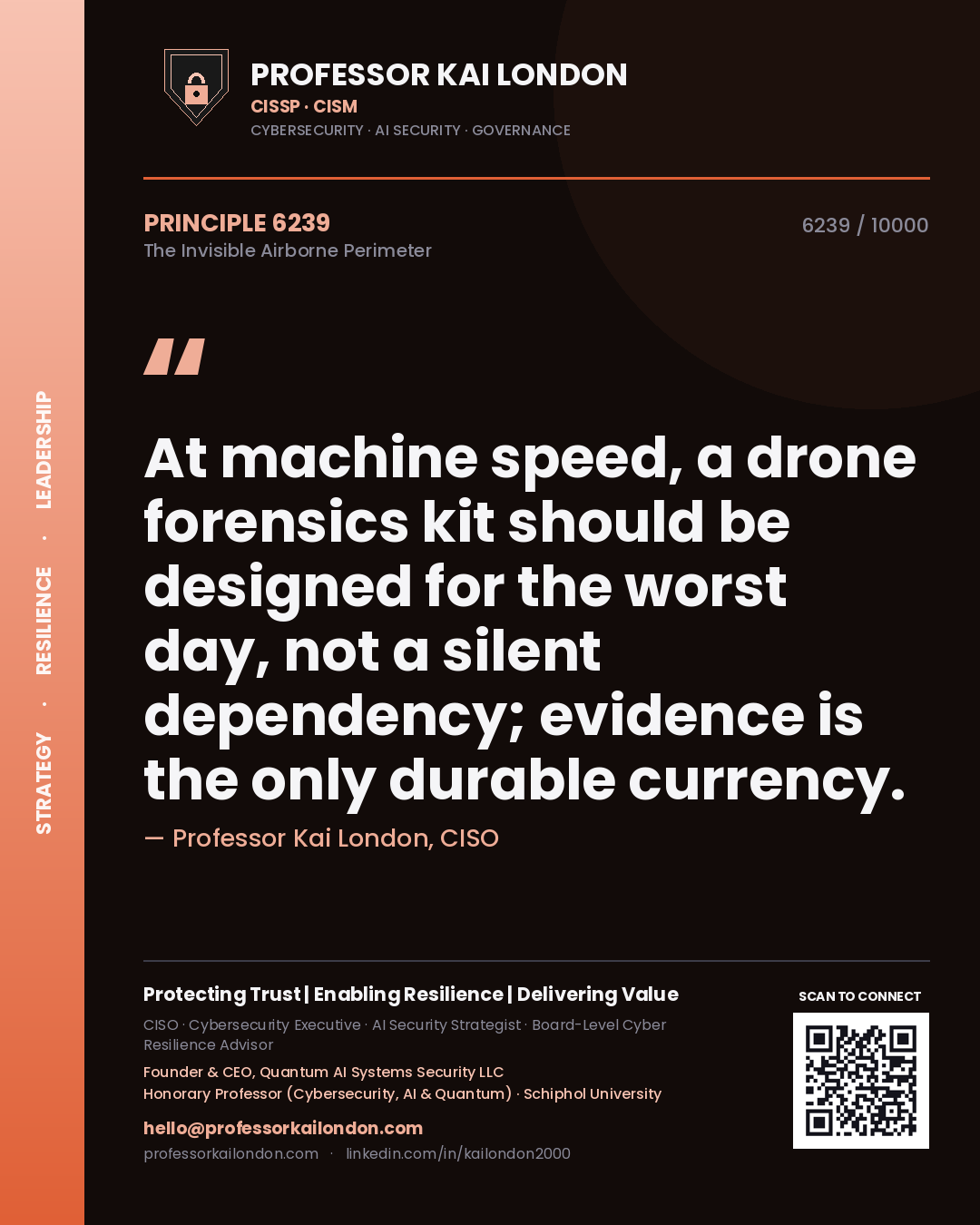 Professor Kai London principle 6239: At machine speed, a drone forensics kit should be designed for the worst day, not a silent dependency; evidence is the only durable currency.