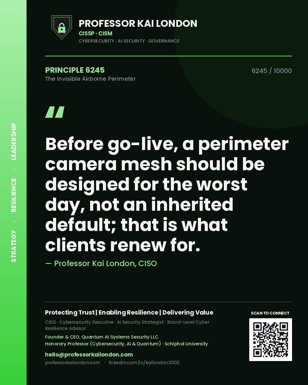Quote card by Professor Kai London reading 'Before go-live, a perimeter camera mesh should be designed for the worst day, not an inherited default; that is what clients renew for.'. From the book The Invisible Airborne Perimeter.