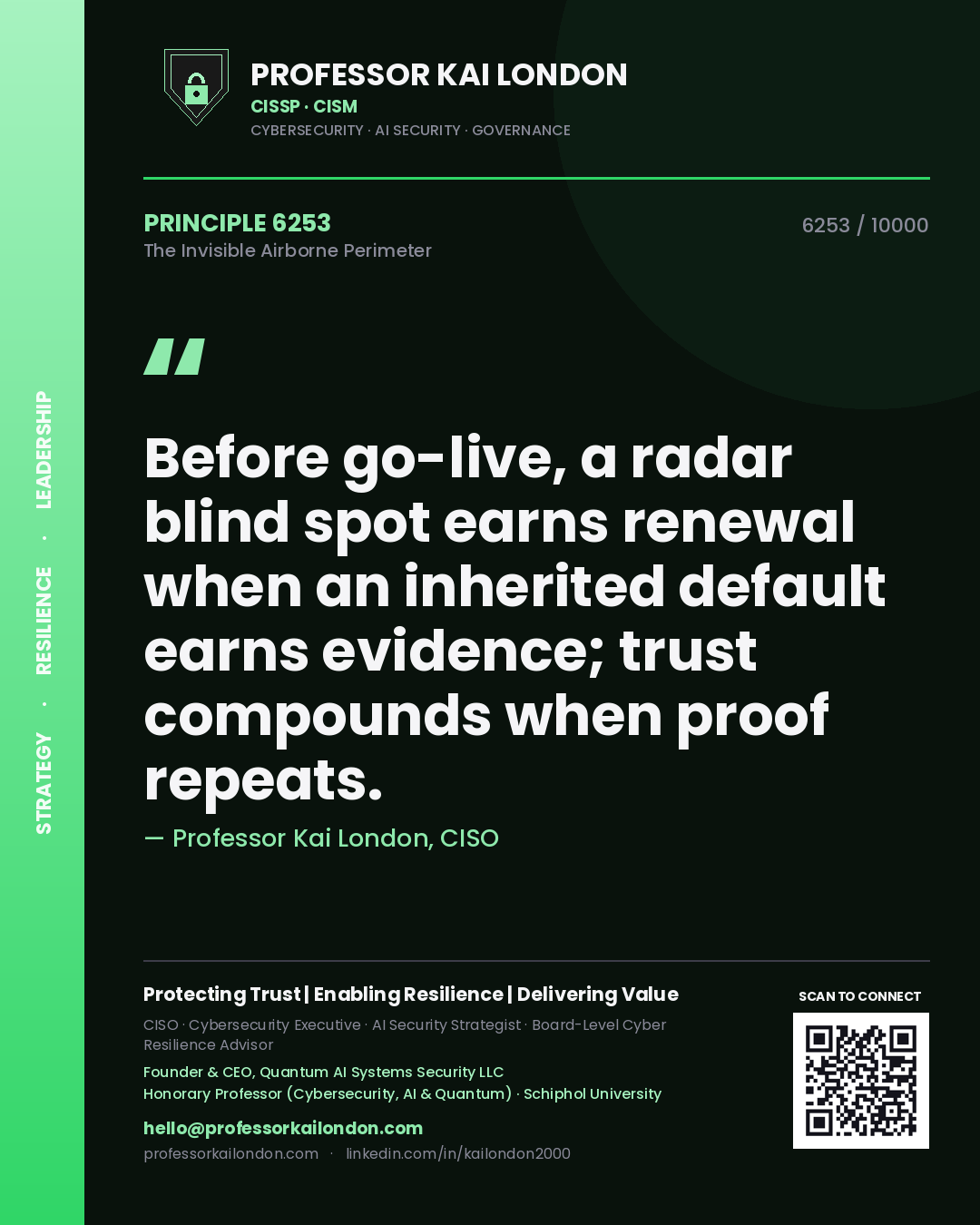 Quote card by Professor Kai London reading 'Before go-live, a radar blind spot earns renewal when an inherited default earns evidence; trust compounds when proof repeats.'. From the book The Invisible Airborne Perimeter.