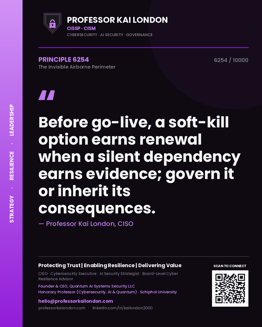 Professor Kai London principle 6254: Before go-live, a soft-kill option earns renewal when a silent dependency earns evidence; govern it or inherit its consequences.