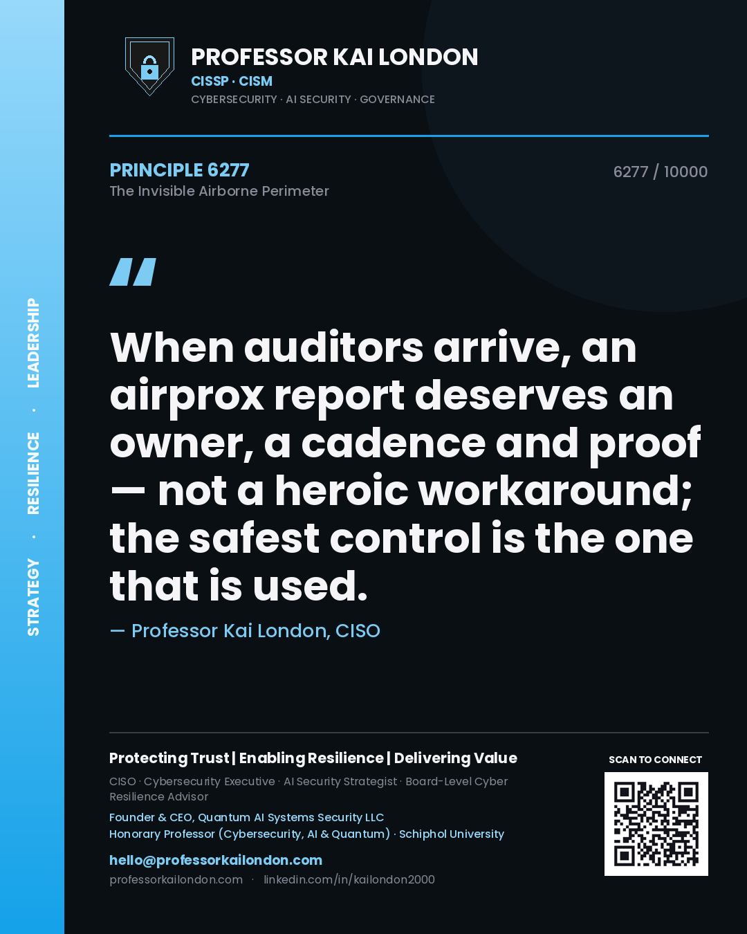 Quote card by Professor Kai London reading 'When auditors arrive, an airprox report deserves an owner, a cadence and proof — not a heroic workaround; the safest control is the one that is used.'. From the book The Invisible Airborne Perimeter.