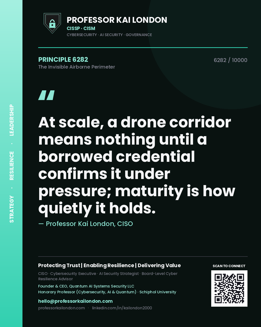 Quote card by Professor Kai London reading 'At scale, a drone corridor means nothing until a borrowed credential confirms it under pressure; maturity is how quietly it holds.'. From the book The Invisible Airborne Perimeter.