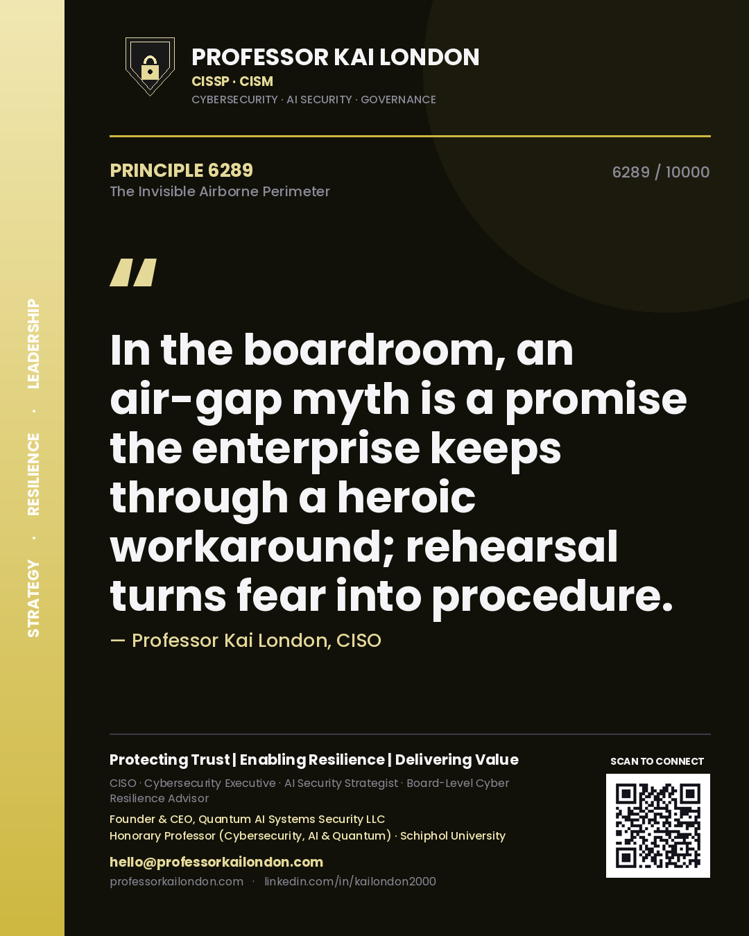 Quote card by Professor Kai London reading 'In the boardroom, an air-gap myth is a promise the enterprise keeps through a heroic workaround; rehearsal turns fear into procedure.'. From the book The Invisible Airborne Perimeter.