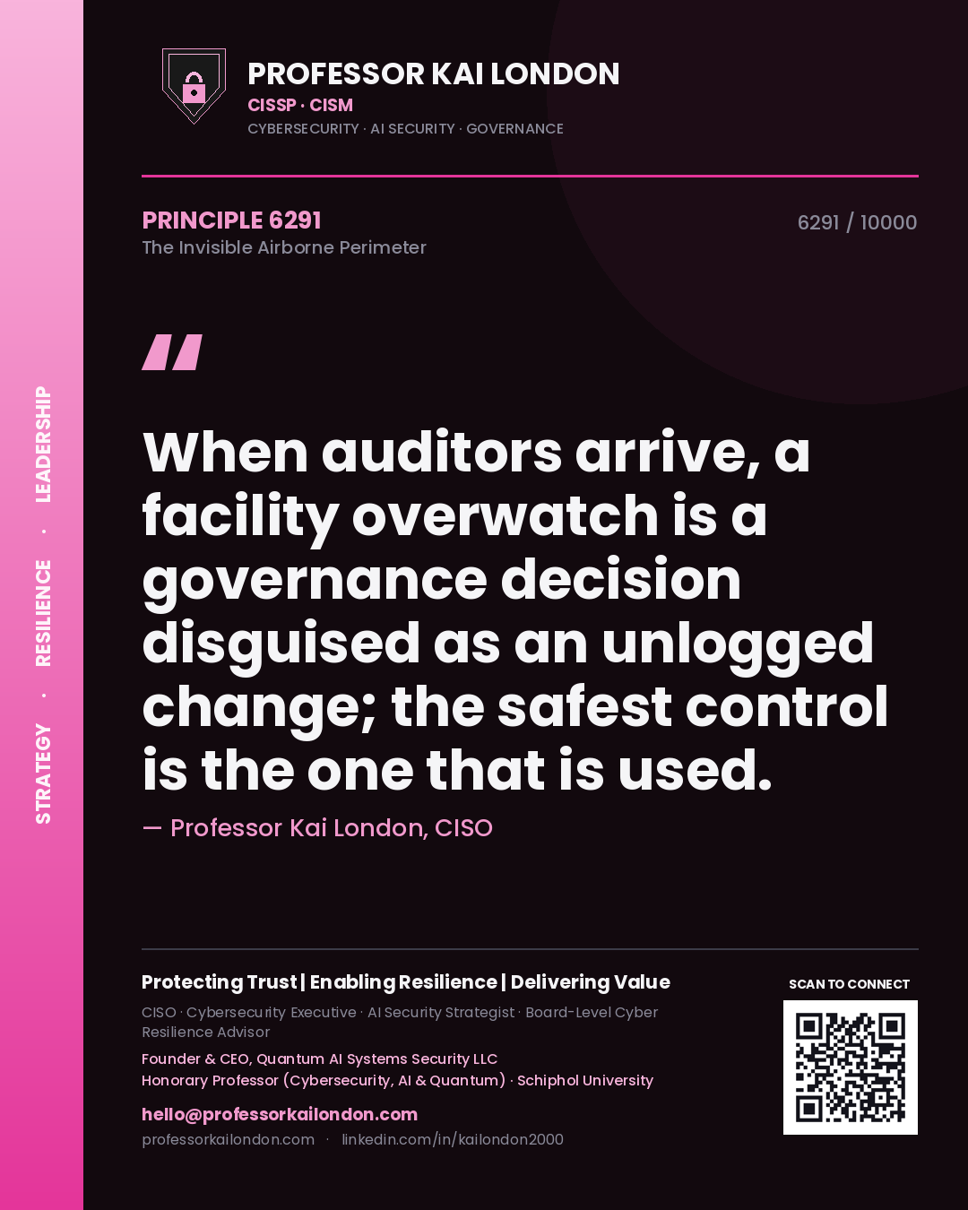 Quote card by Professor Kai London reading 'When auditors arrive, a facility overwatch is a governance decision disguised as an unlogged change; the safest control is the one that is used.'. From the book The Invisible Airborne Perimeter.