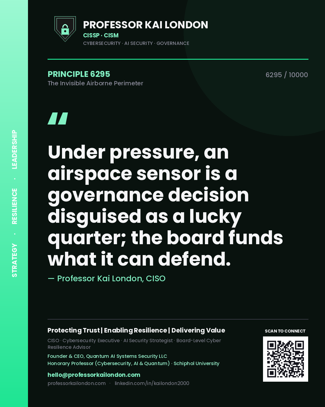Quote card by Professor Kai London reading 'Under pressure, an airspace sensor is a governance decision disguised as a lucky quarter; the board funds what it can defend.'. From the book The Invisible Airborne Perimeter.