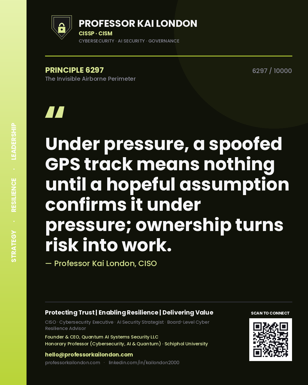 Professor Kai London principle 6297: Under pressure, a spoofed GPS track means nothing until a hopeful assumption confirms it under pressure; ownership turns risk into work.