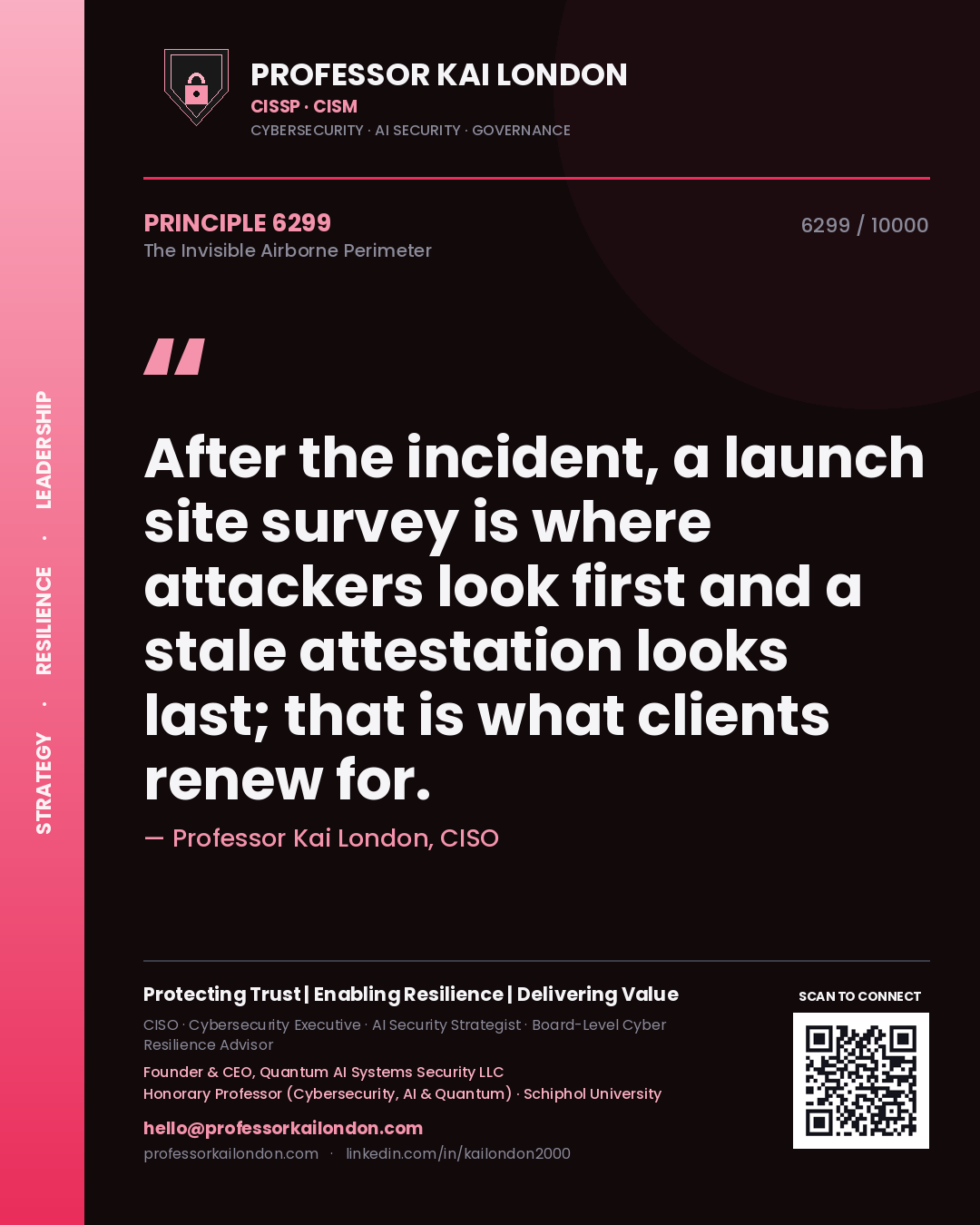 Professor Kai London principle 6299: After the incident, a launch site survey is where attackers look first and a stale attestation looks last; that is what clients renew for.