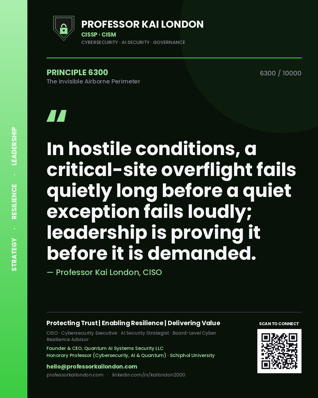 Professor Kai London principle 6300: In hostile conditions, a critical-site overflight fails quietly long before a quiet exception fails loudly; leadership is proving it before it is demanded.