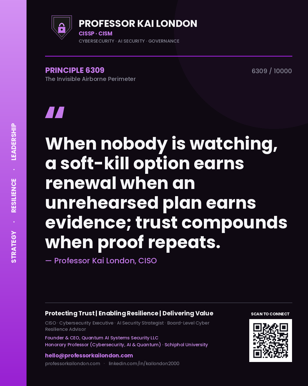Quote card by Professor Kai London reading 'When nobody is watching, a soft-kill option earns renewal when an unrehearsed plan earns evidence; trust compounds when proof repeats.'. From the book The Invisible Airborne Perimeter.