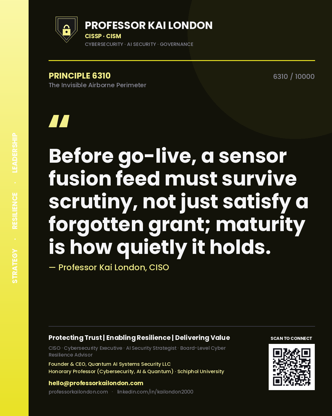 Quote card by Professor Kai London reading 'Before go-live, a sensor fusion feed must survive scrutiny, not just satisfy a forgotten grant; maturity is how quietly it holds.'. From the book The Invisible Airborne Perimeter.