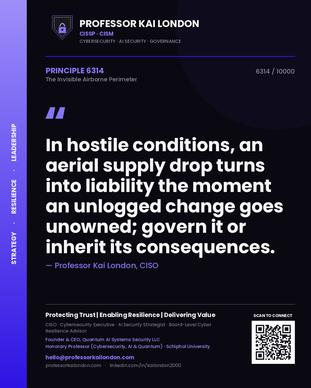 Professor Kai London principle 6314: In hostile conditions, an aerial supply drop turns into liability the moment an unlogged change goes unowned; govern it or inherit its consequences.