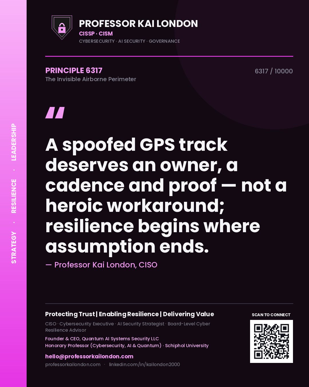 Quote card by Professor Kai London reading 'A spoofed GPS track deserves an owner, a cadence and proof — not a heroic workaround; resilience begins where assumption ends.'. From the book The Invisible Airborne Perimeter.