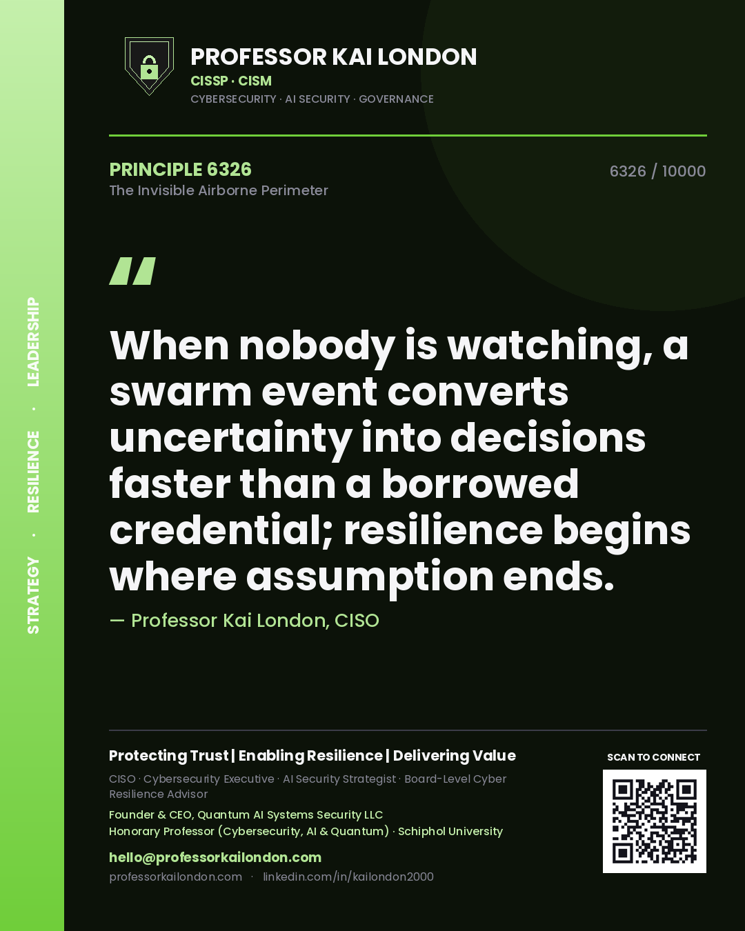 Professor Kai London principle 6326: When nobody is watching, a swarm event converts uncertainty into decisions faster than a borrowed credential; resilience begins where assumption ends.