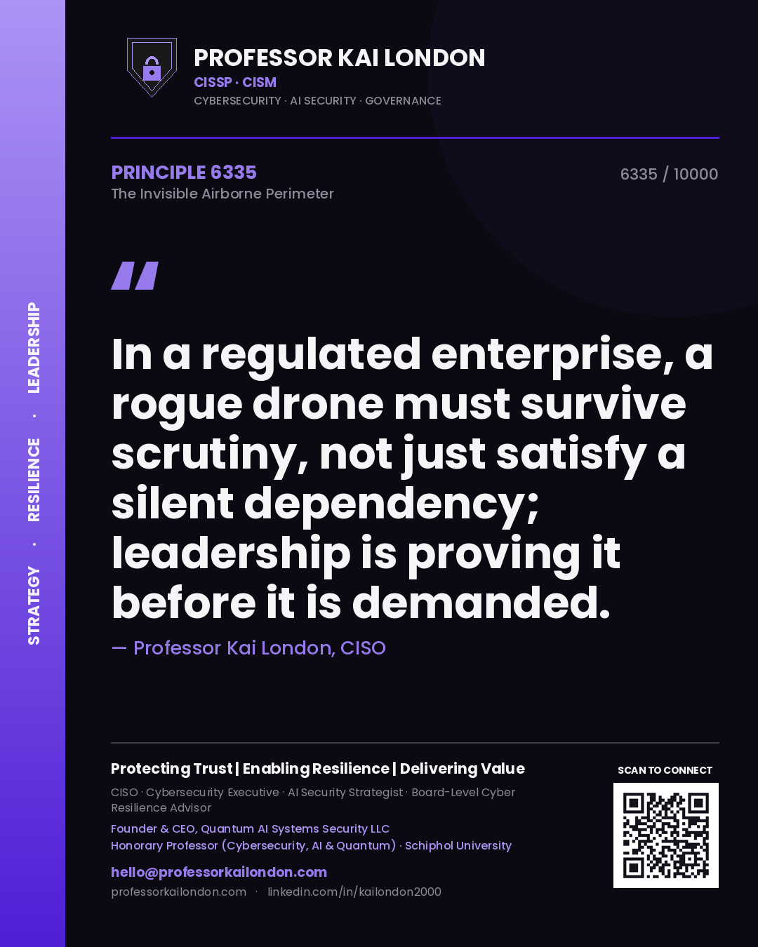 Quote card by Professor Kai London reading 'In a regulated enterprise, a rogue drone must survive scrutiny, not just satisfy a silent dependency; leadership is proving it before it is demanded.'. From the book The Invisible Airborne Perimeter.