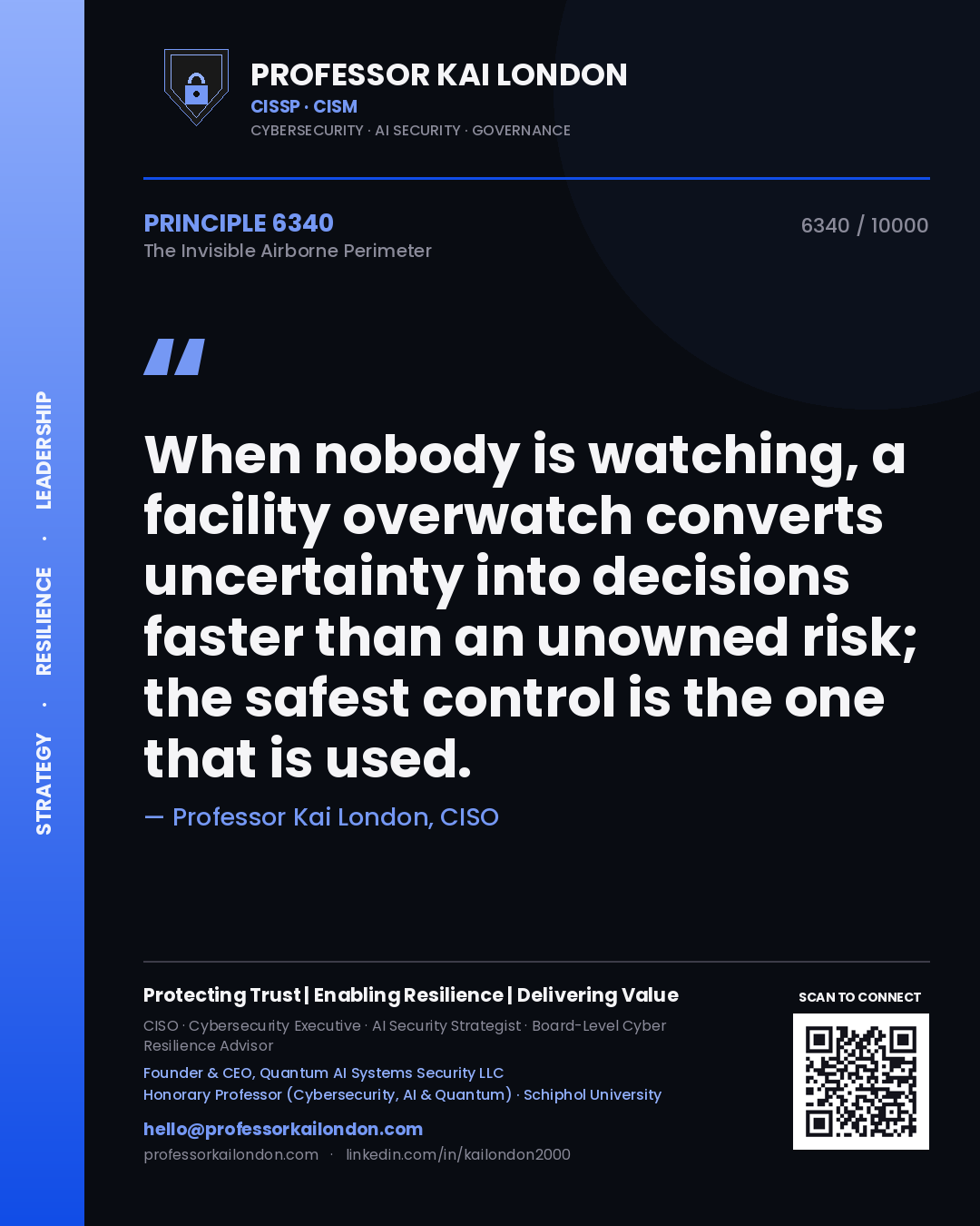 Professor Kai London principle 6340: When nobody is watching, a facility overwatch converts uncertainty into decisions faster than an unowned risk; the safest control is the one that is used.