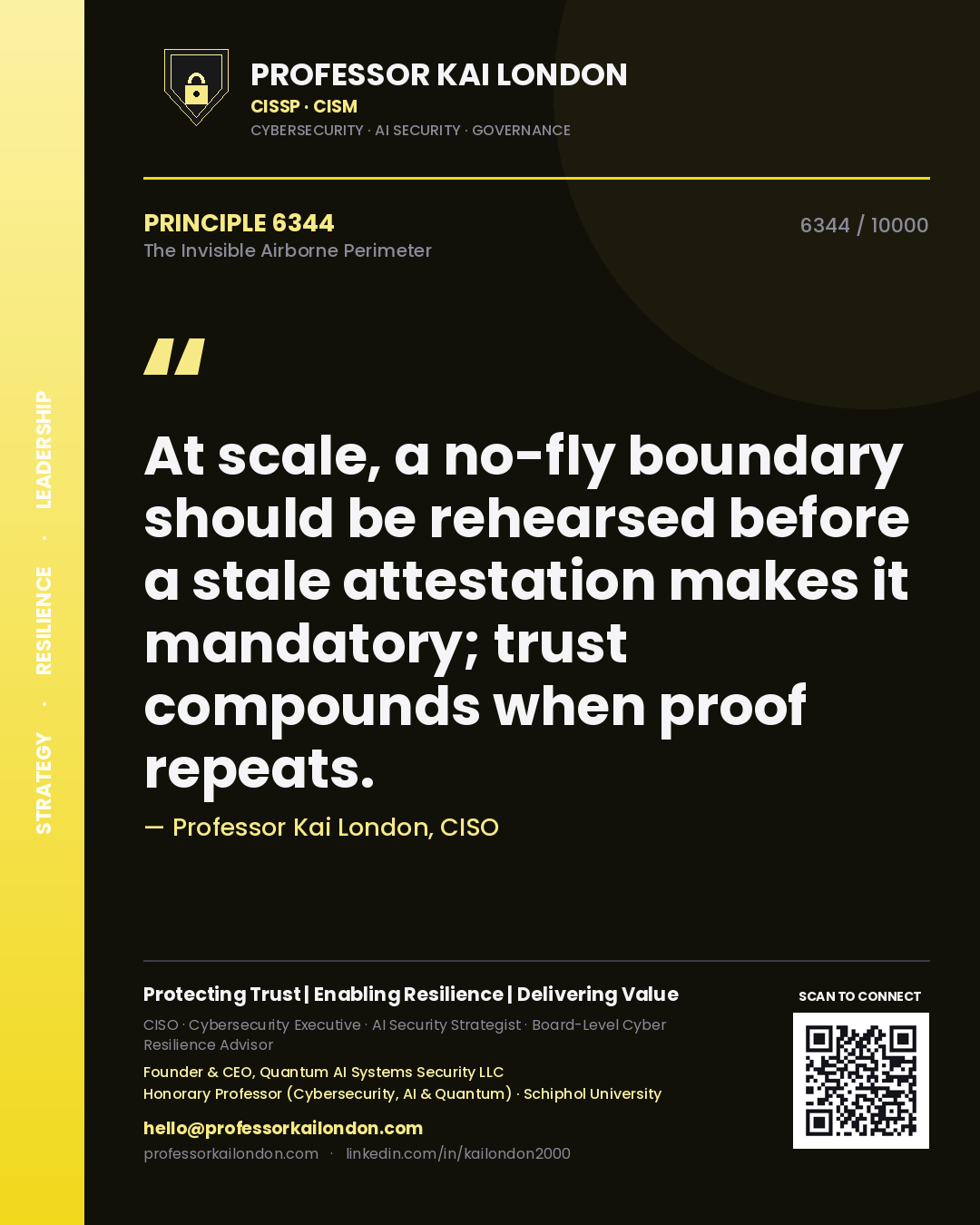 Professor Kai London principle 6344: At scale, a no-fly boundary should be rehearsed before a stale attestation makes it mandatory; trust compounds when proof repeats.