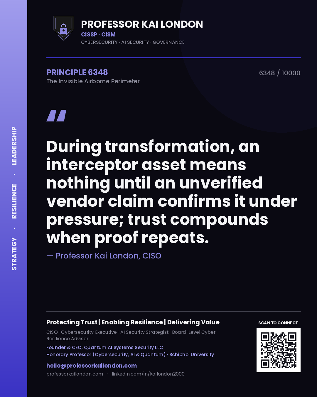 Professor Kai London principle 6348: During transformation, an interceptor asset means nothing until an unverified vendor claim confirms it under pressure; trust compounds when proof repeats.