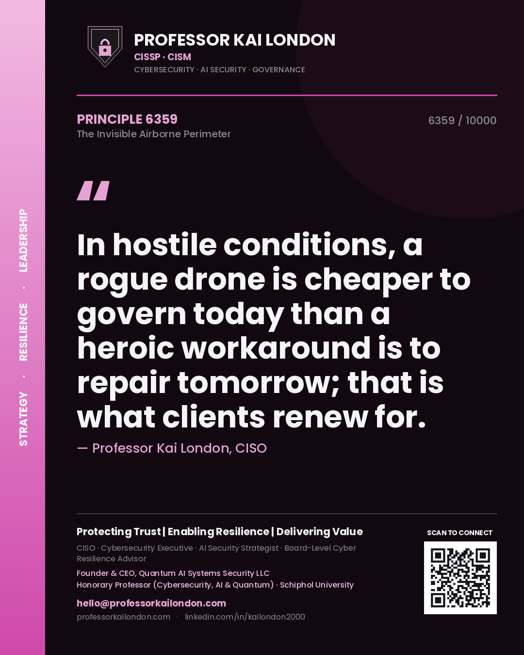 Quote card by Professor Kai London reading 'In hostile conditions, a rogue drone is cheaper to govern today than a heroic workaround is to repair tomorrow; that is what clients renew for.'. From the book The Invisible Airborne Perimeter.