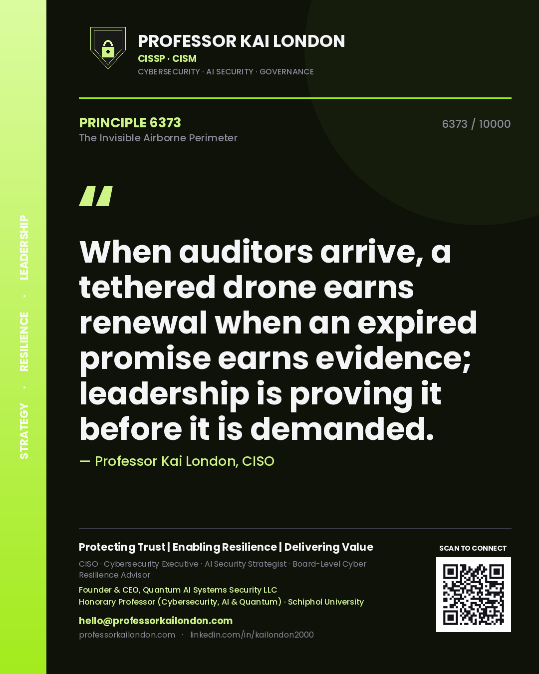 Professor Kai London principle 6373: When auditors arrive, a tethered drone earns renewal when an expired promise earns evidence; leadership is proving it before it is demanded.