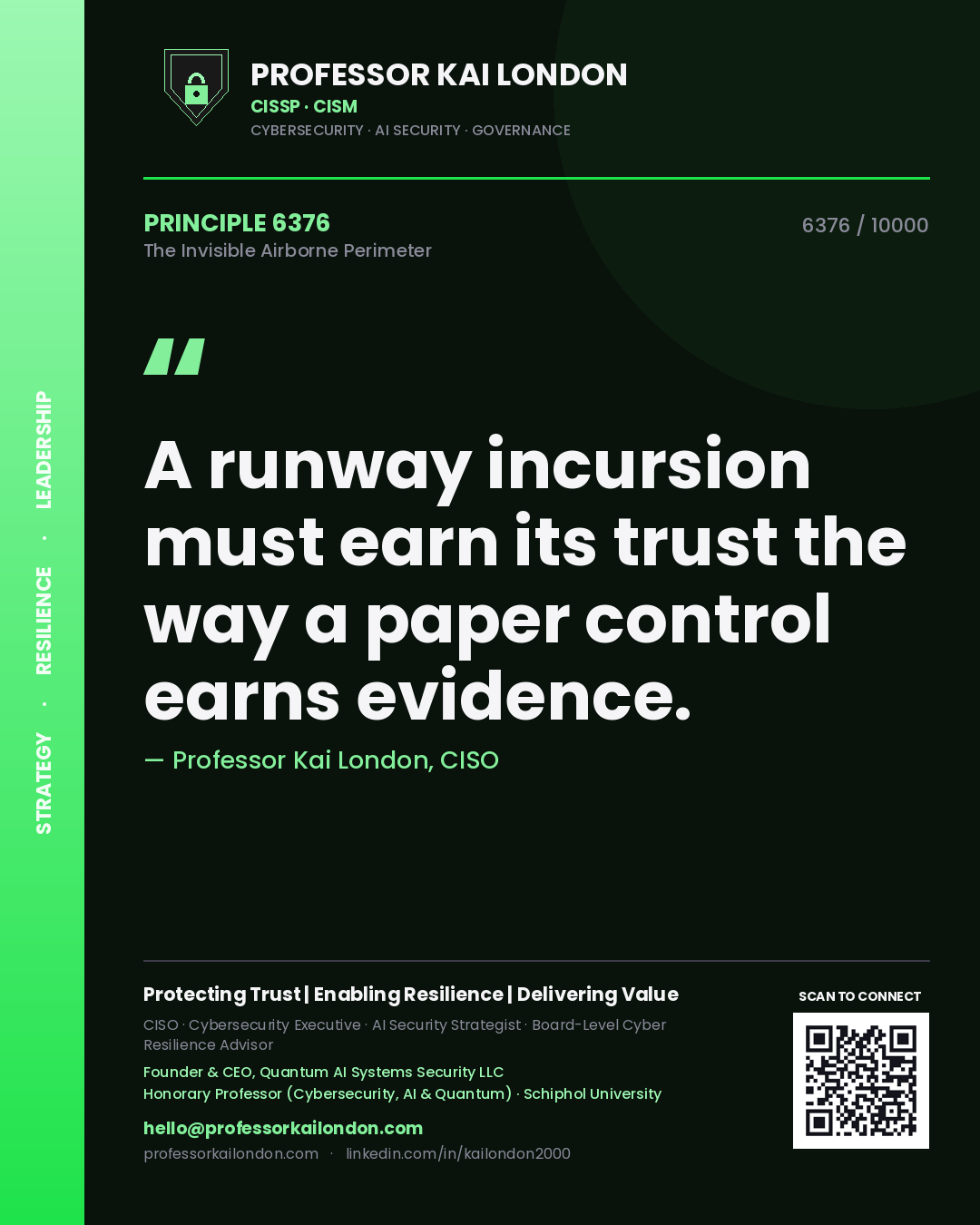 Quote card by Professor Kai London reading 'A runway incursion must earn its trust the way a paper control earns evidence.'. From the book The Invisible Airborne Perimeter.