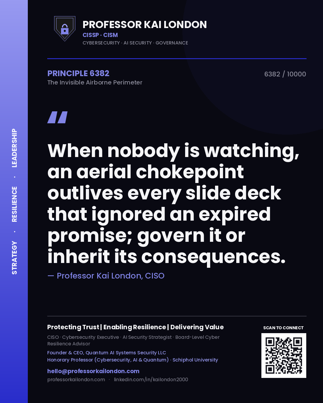 Quote card by Professor Kai London reading 'When nobody is watching, an aerial chokepoint outlives every slide deck that ignored an expired promise; govern it or inherit its consequences.'. From the book The Invisible Airborne Perimeter.