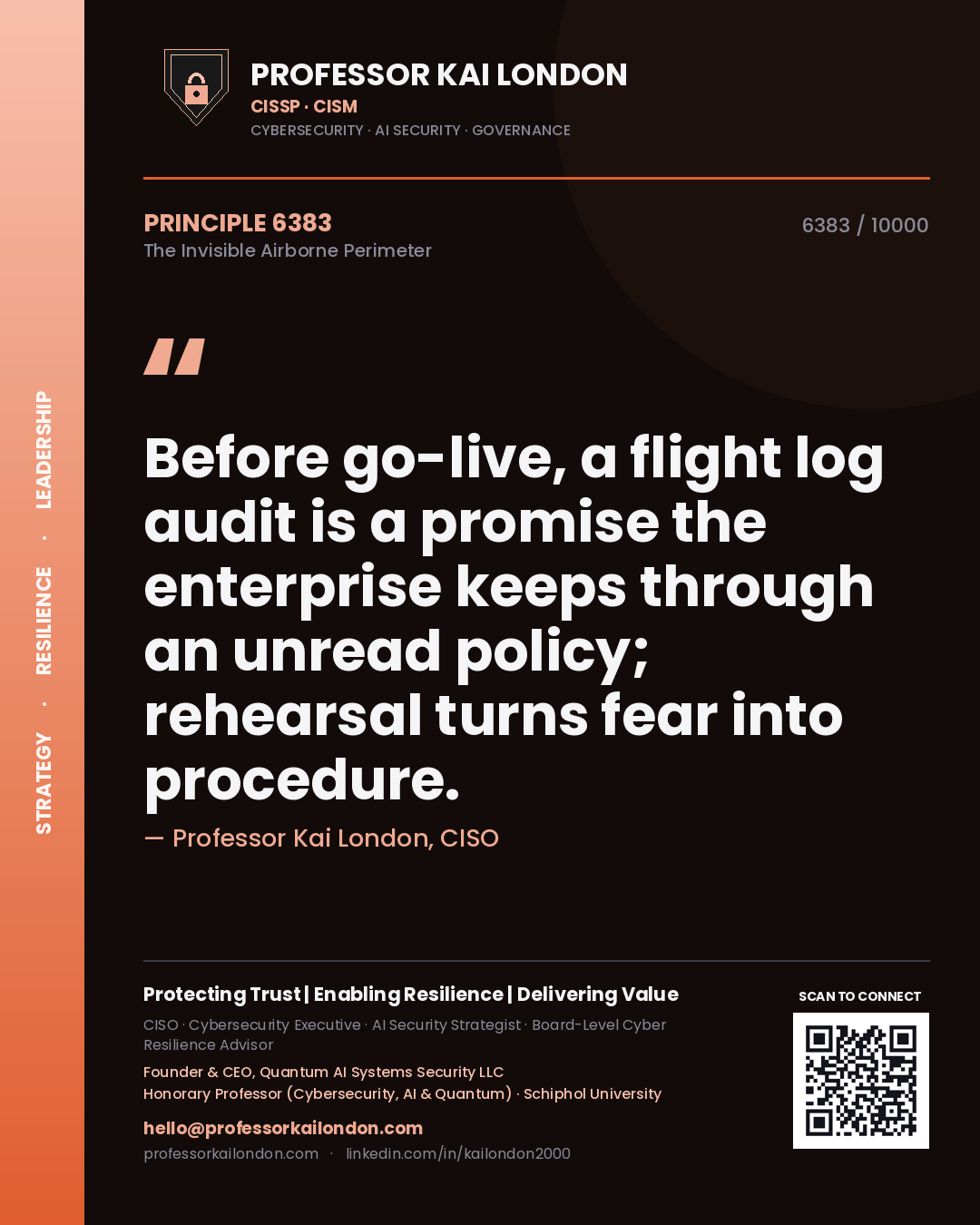 Professor Kai London principle 6383: Before go-live, a flight log audit is a promise the enterprise keeps through an unread policy; rehearsal turns fear into procedure.