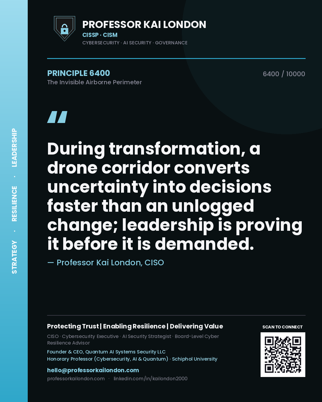 Quote card by Professor Kai London reading 'During transformation, a drone corridor converts uncertainty into decisions faster than an unlogged change; leadership is proving it before it is demanded.'. From the book The Invisible Airborne Perimeter.