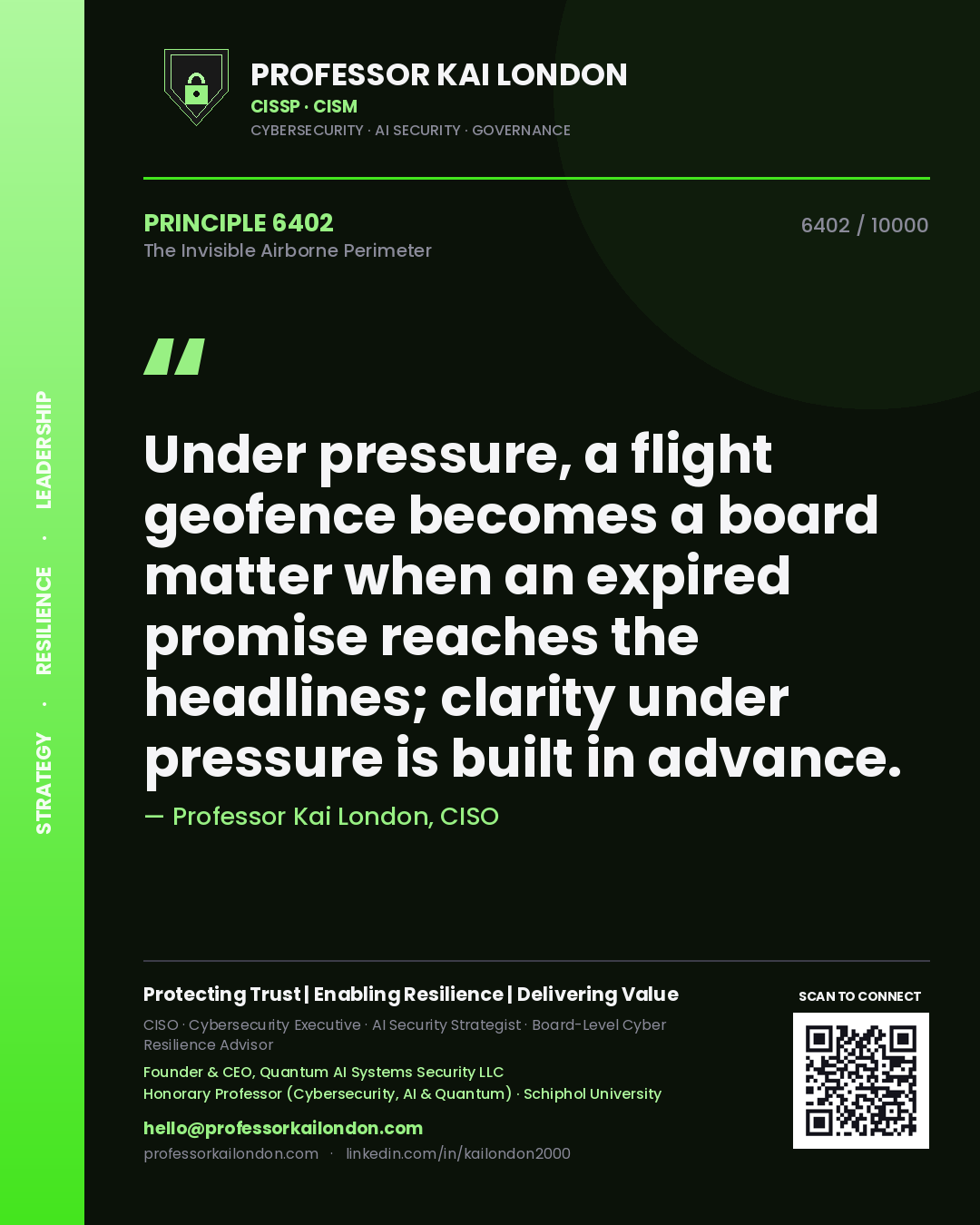 Professor Kai London principle 6402: Under pressure, a flight geofence becomes a board matter when an expired promise reaches the headlines; clarity under pressure is built in advance.