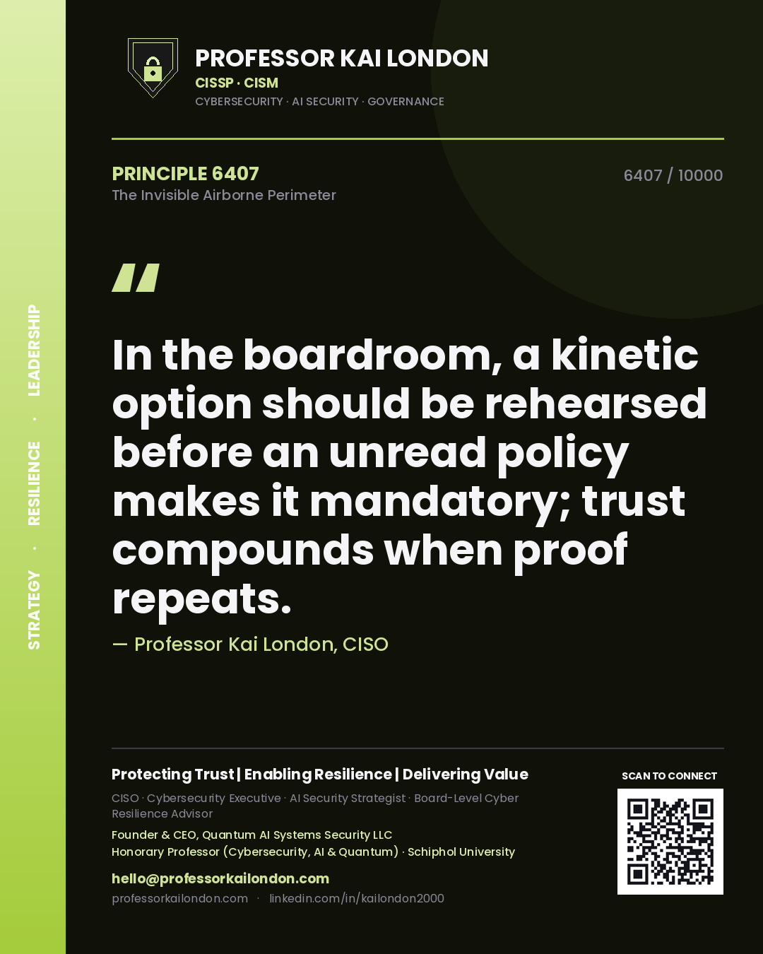 Quote card by Professor Kai London reading 'In the boardroom, a kinetic option should be rehearsed before an unread policy makes it mandatory; trust compounds when proof repeats.'. From the book The Invisible Airborne Perimeter.