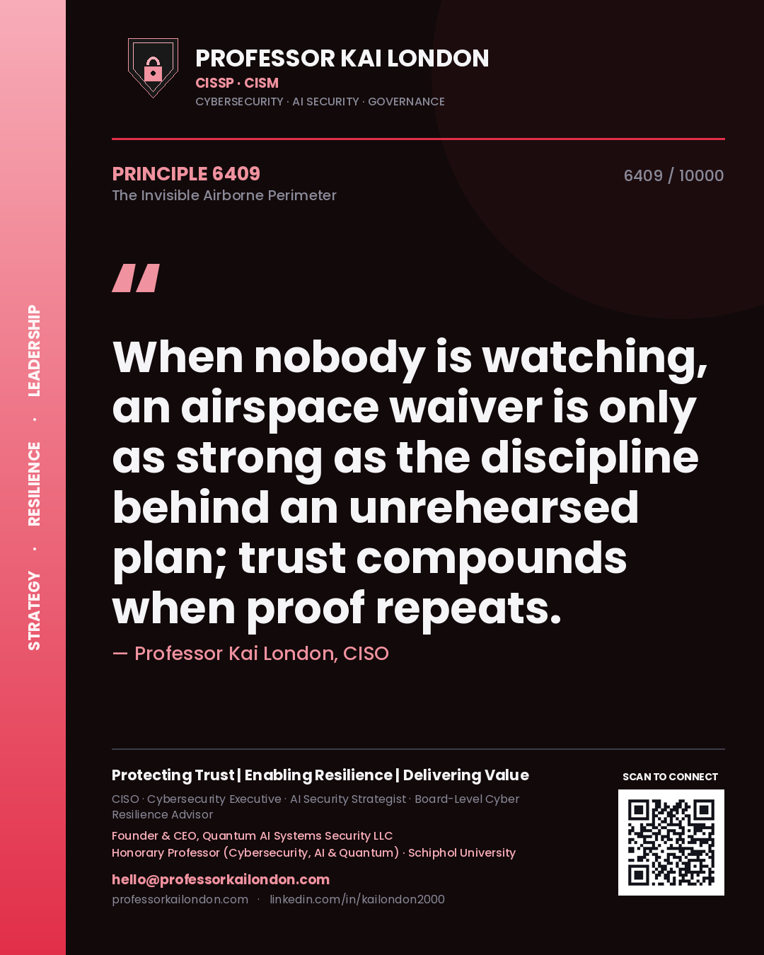 Quote card by Professor Kai London reading 'When nobody is watching, an airspace waiver is only as strong as the discipline behind an unrehearsed plan; trust compounds when proof repeats.'. From the book The Invisible Airborne Perimeter.