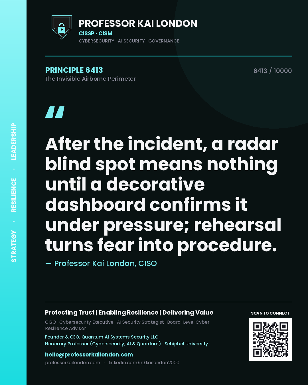 Professor Kai London principle 6413: After the incident, a radar blind spot means nothing until a decorative dashboard confirms it under pressure; rehearsal turns fear into procedure.