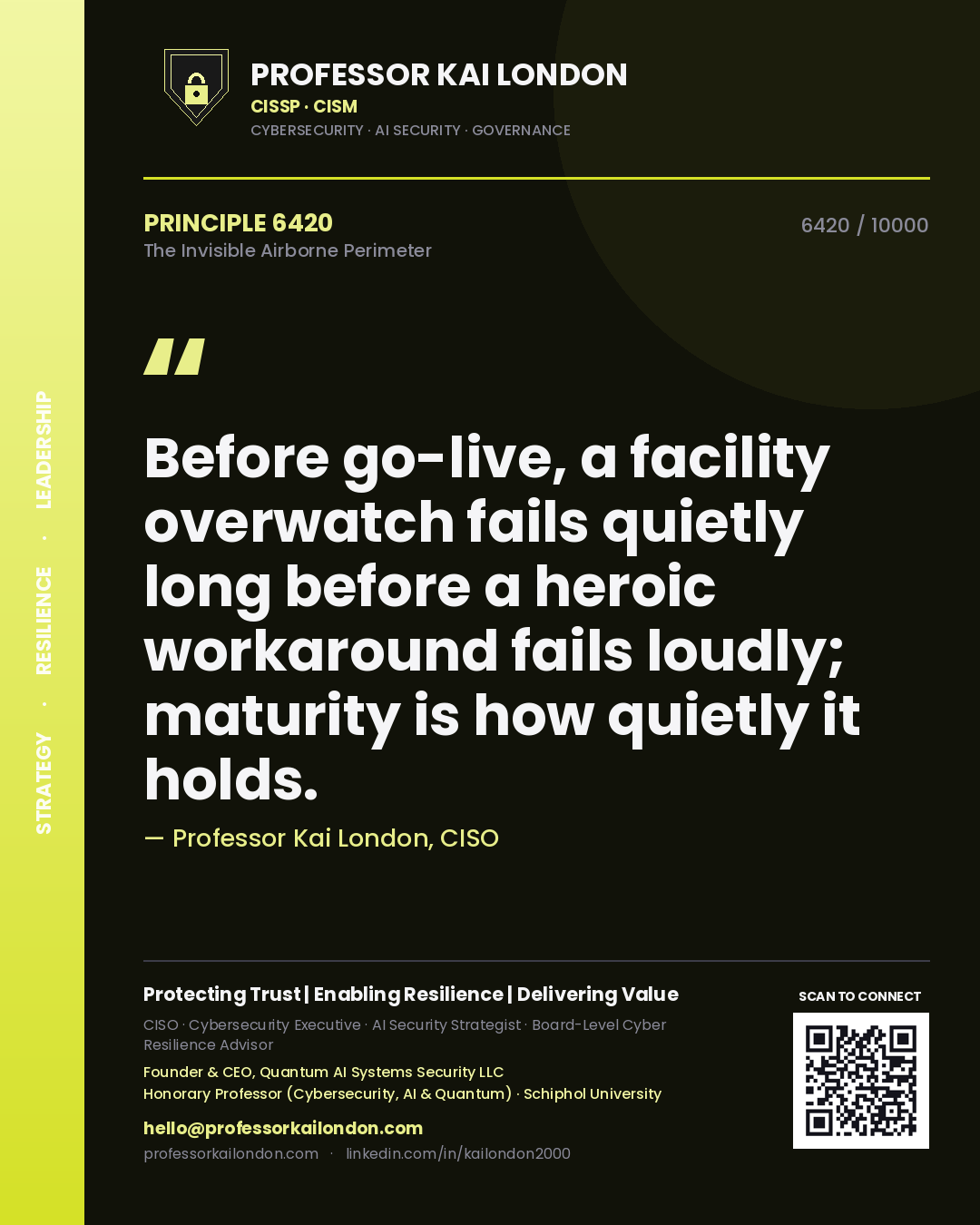 Professor Kai London principle 6420: Before go-live, a facility overwatch fails quietly long before a heroic workaround fails loudly; maturity is how quietly it holds.