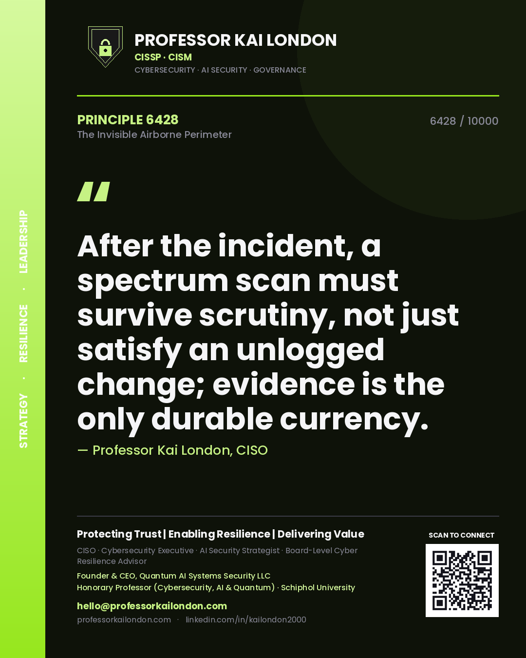 Professor Kai London principle 6428: After the incident, a spectrum scan must survive scrutiny, not just satisfy an unlogged change; evidence is the only durable currency.