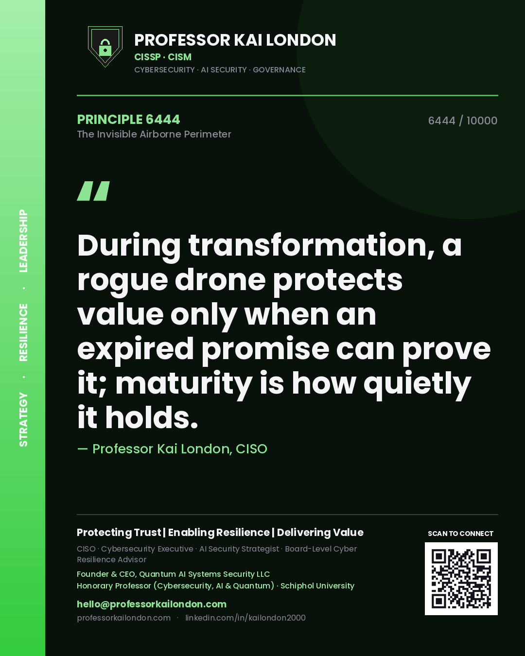 Quote card by Professor Kai London reading 'During transformation, a rogue drone protects value only when an expired promise can prove it; maturity is how quietly it holds.'. From the book The Invisible Airborne Perimeter.