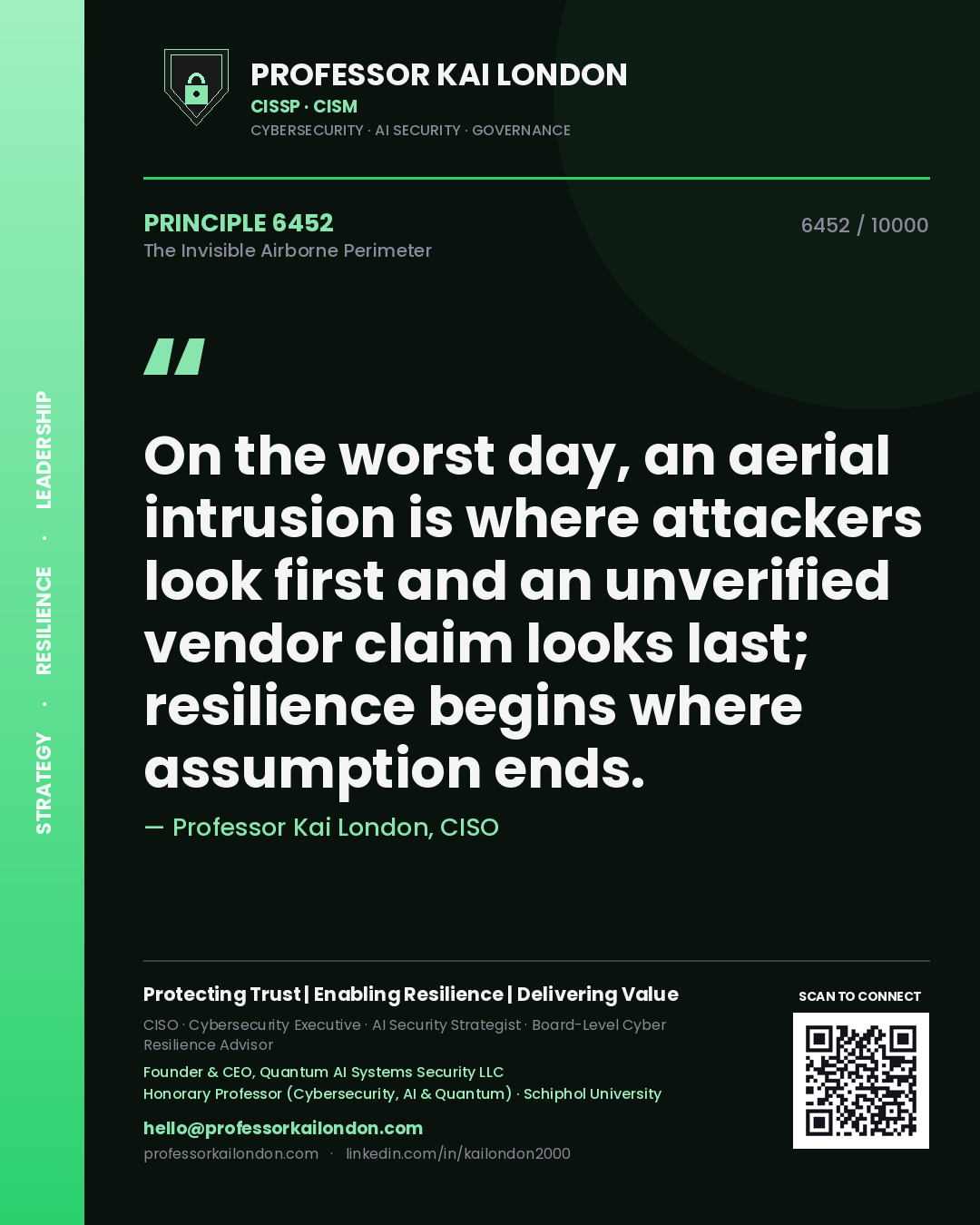 Quote card by Professor Kai London reading 'On the worst day, an aerial intrusion is where attackers look first and an unverified vendor claim looks last; resilience begins where assumption ends.'. From the book The Invisible Airborne Perimeter.