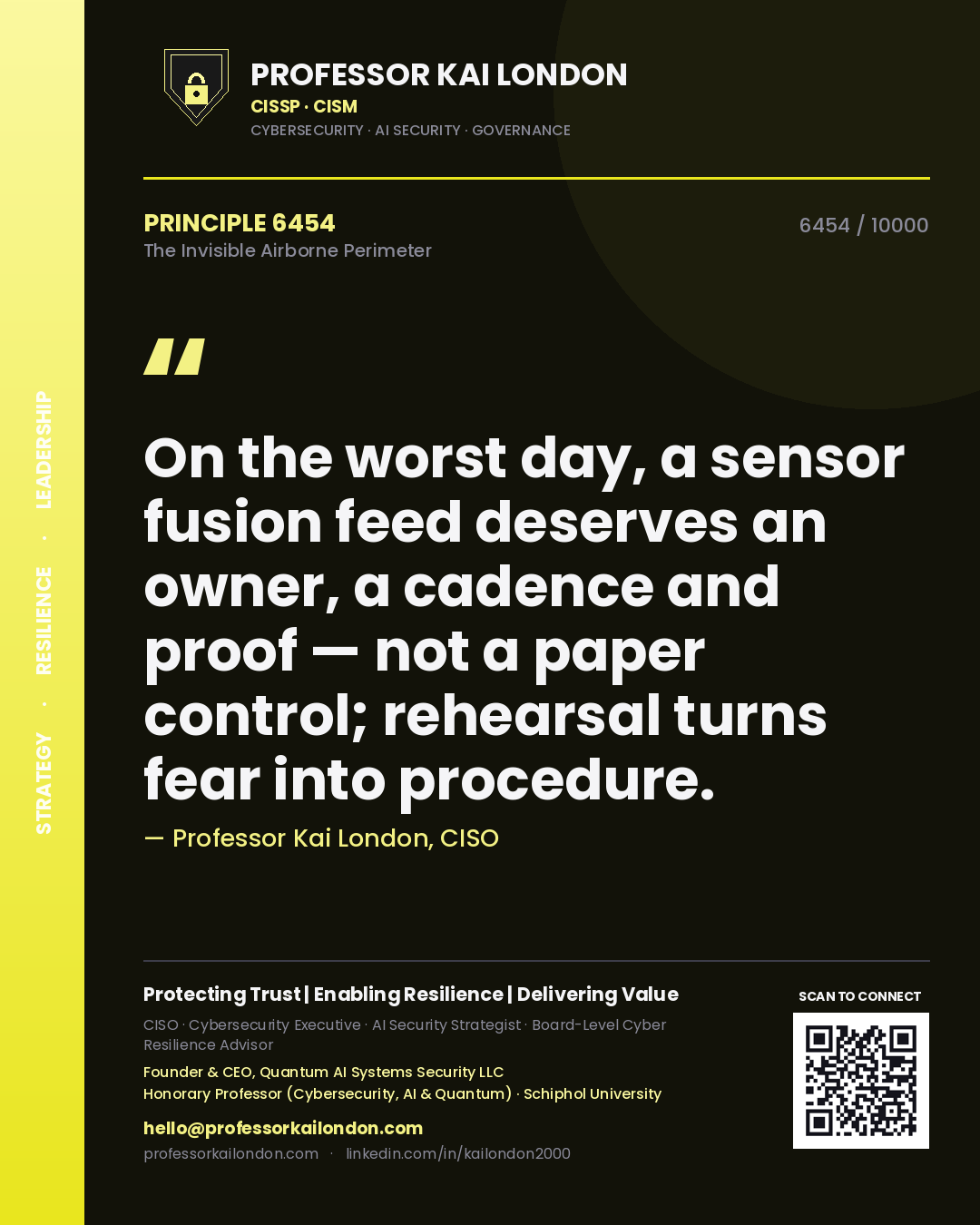 Quote card by Professor Kai London reading 'On the worst day, a sensor fusion feed deserves an owner, a cadence and proof — not a paper control; rehearsal turns fear into procedure.'. From the book The Invisible Airborne Perimeter.