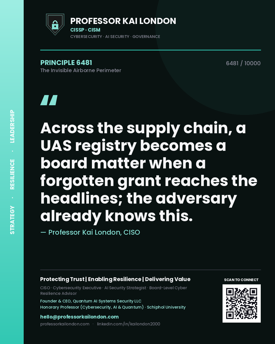 Quote card by Professor Kai London reading 'Across the supply chain, a UAS registry becomes a board matter when a forgotten grant reaches the headlines; the adversary already knows this.'. From the book The Invisible Airborne Perimeter.