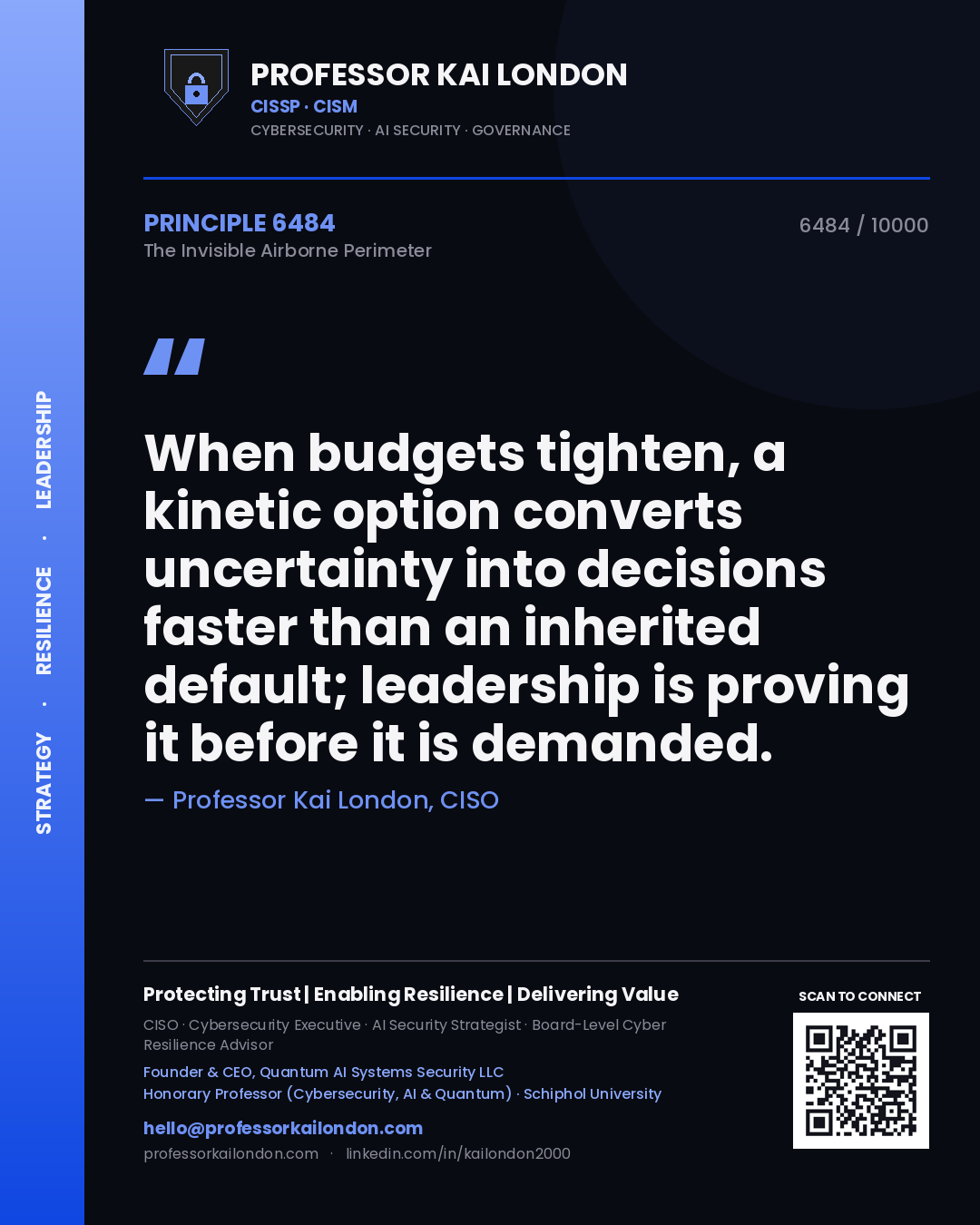 Quote card by Professor Kai London reading 'When budgets tighten, a kinetic option converts uncertainty into decisions faster than an inherited default; leadership is proving it before it is demanded.'. From the book The Invisible Airborne Perimeter.