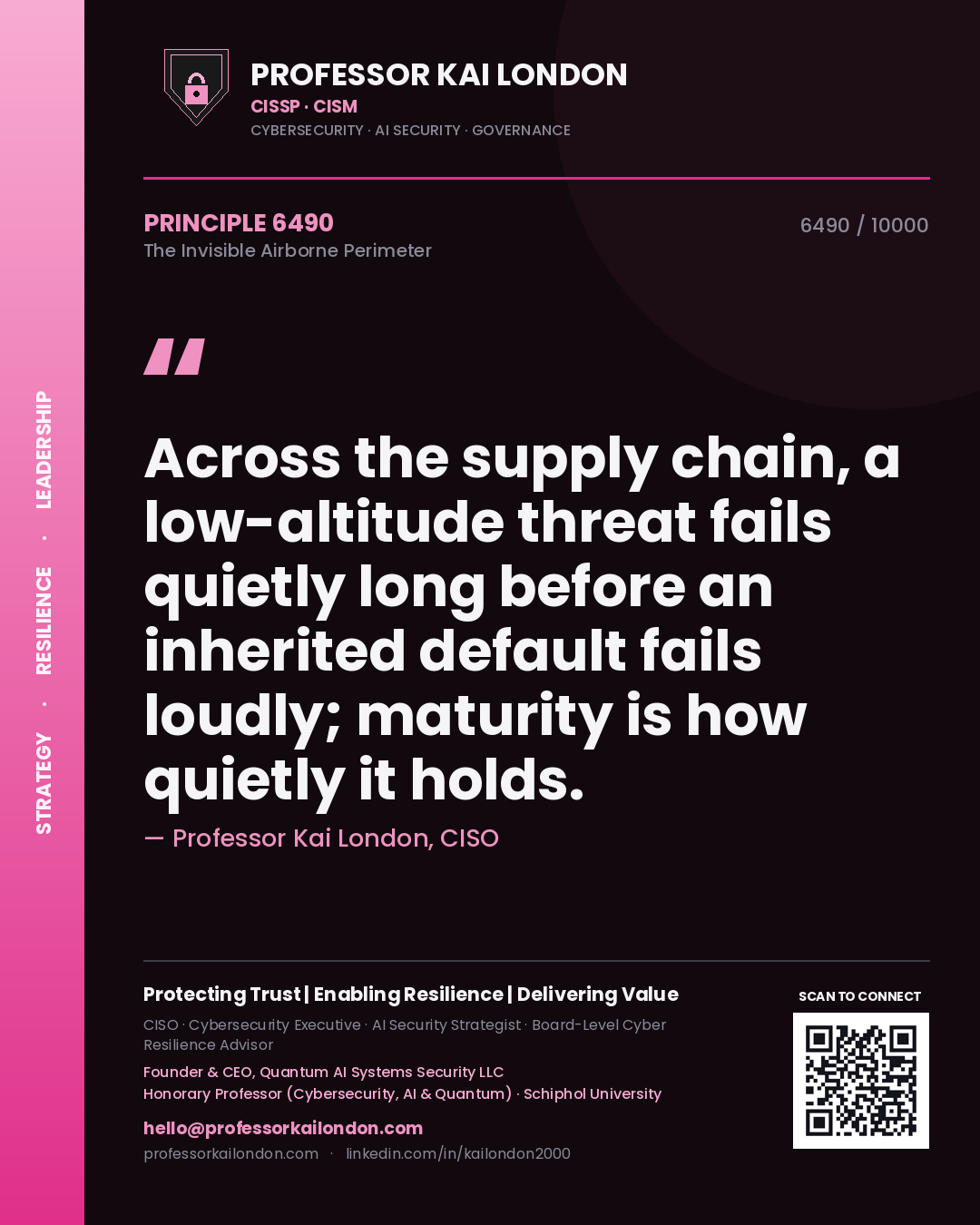 Quote card by Professor Kai London reading 'Across the supply chain, a low-altitude threat fails quietly long before an inherited default fails loudly; maturity is how quietly it holds.'. From the book The Invisible Airborne Perimeter.