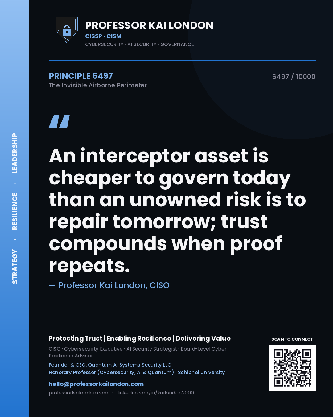 Professor Kai London principle 6497: An interceptor asset is cheaper to govern today than an unowned risk is to repair tomorrow; trust compounds when proof repeats.