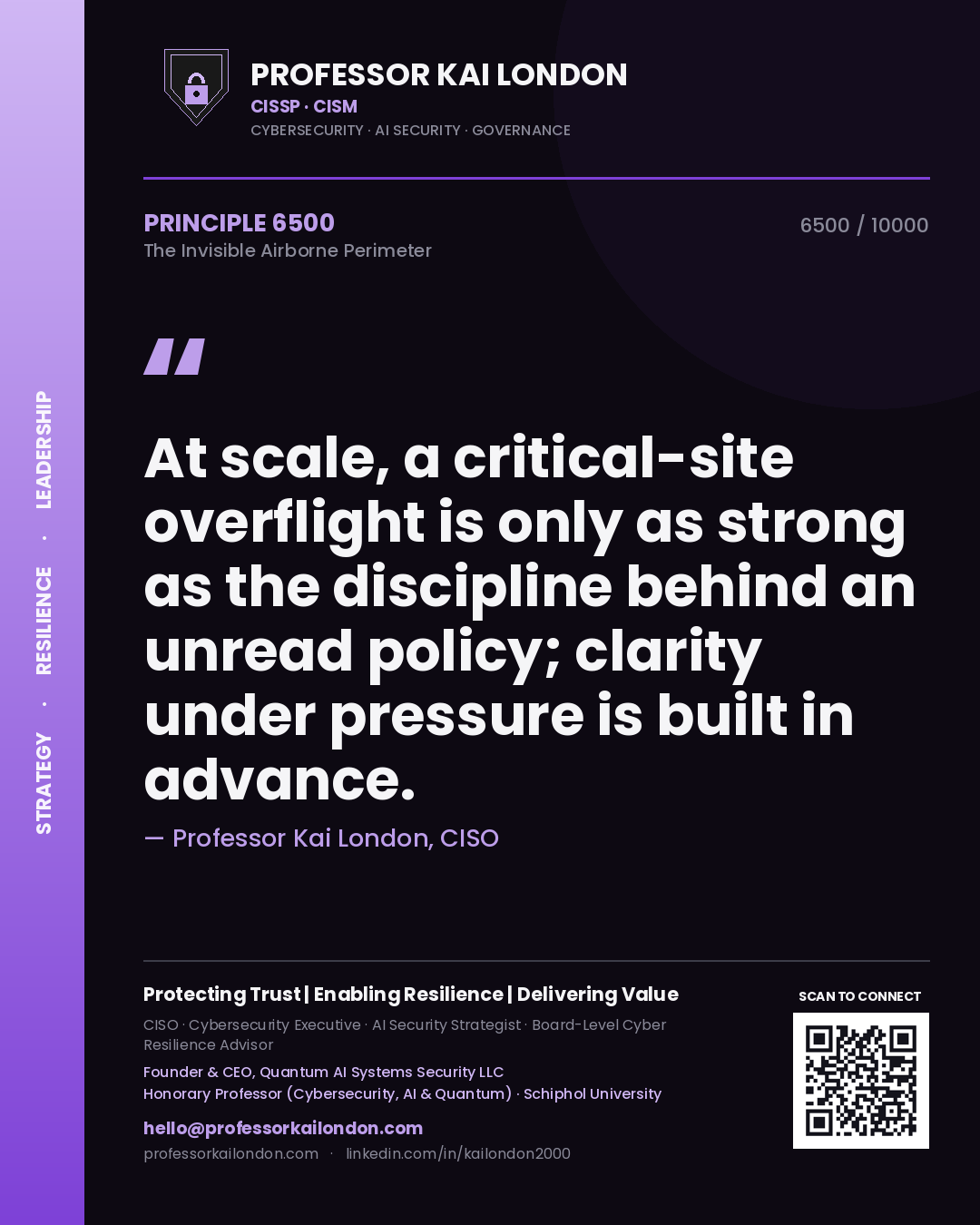 Quote card by Professor Kai London reading 'At scale, a critical-site overflight is only as strong as the discipline behind an unread policy; clarity under pressure is built in advance.'. From the book The Invisible Airborne Perimeter.