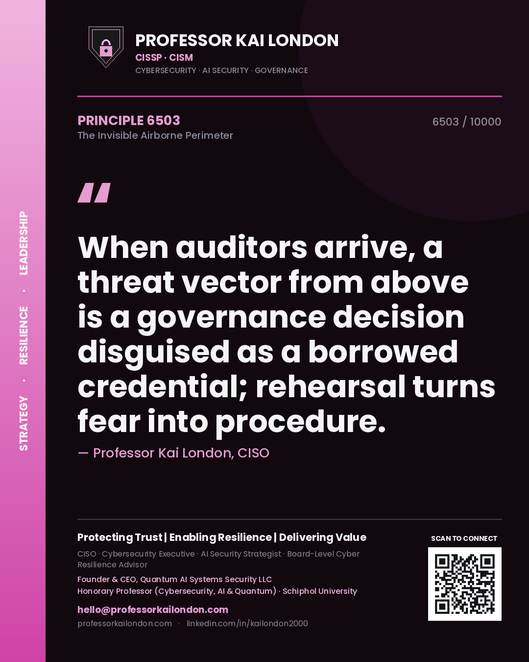 Professor Kai London principle 6503: When auditors arrive, a threat vector from above is a governance decision disguised as a borrowed credential; rehearsal turns fear into procedure.