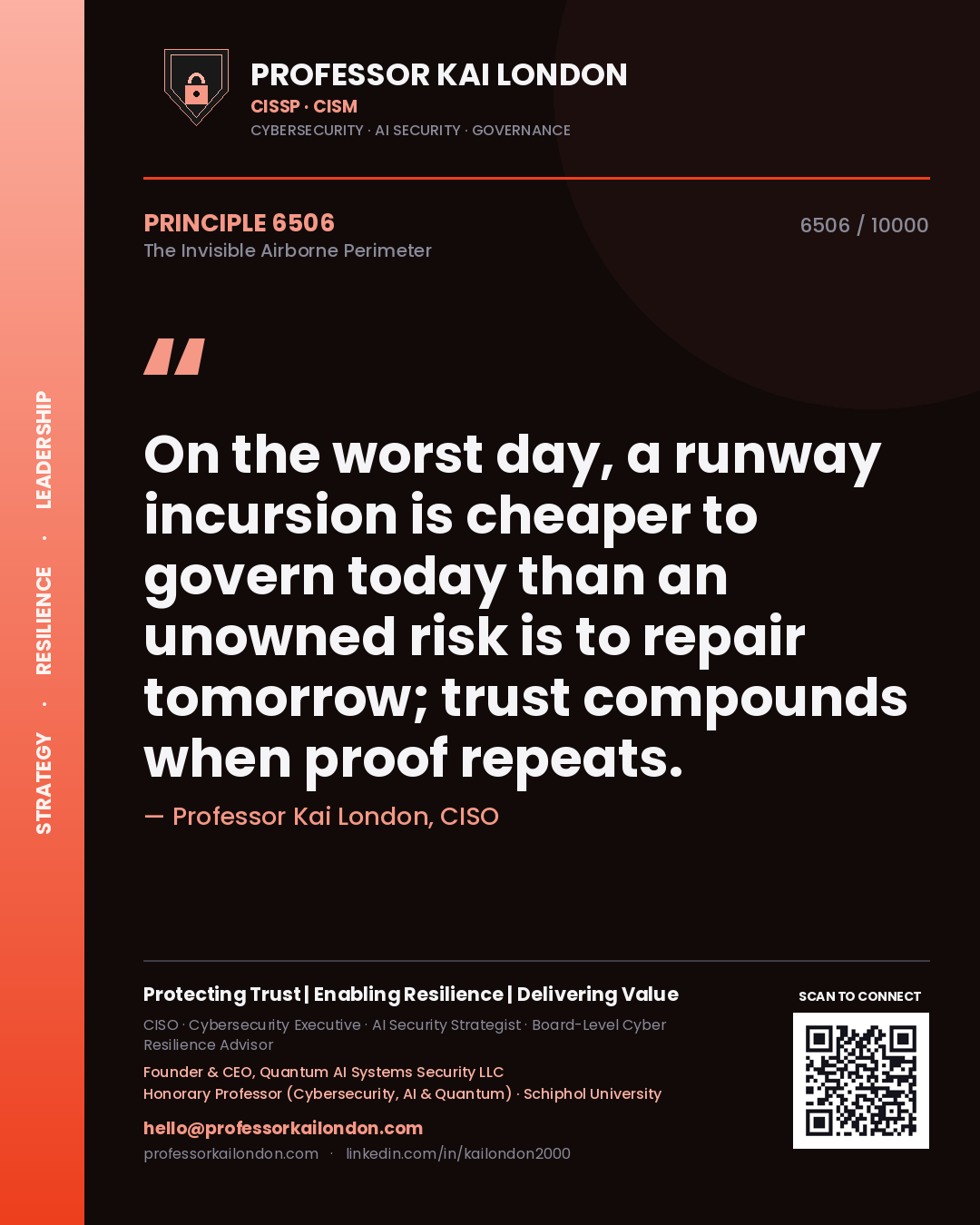 Quote card by Professor Kai London reading 'On the worst day, a runway incursion is cheaper to govern today than an unowned risk is to repair tomorrow; trust compounds when proof repeats.'. From the book The Invisible Airborne Perimeter.