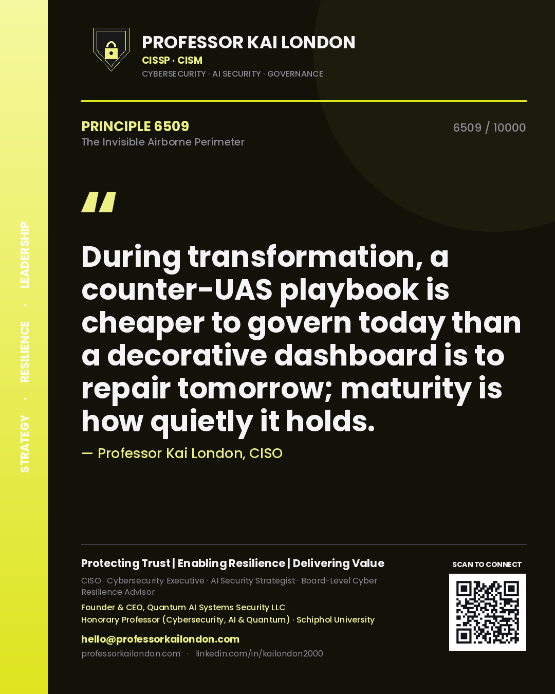 Professor Kai London principle 6509: During transformation, a counter-UAS playbook is cheaper to govern today than a decorative dashboard is to repair tomorrow; maturity is how quietly it holds.