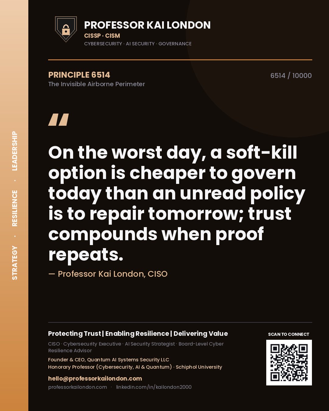 Quote card by Professor Kai London reading 'On the worst day, a soft-kill option is cheaper to govern today than an unread policy is to repair tomorrow; trust compounds when proof repeats.'. From the book The Invisible Airborne Perimeter.