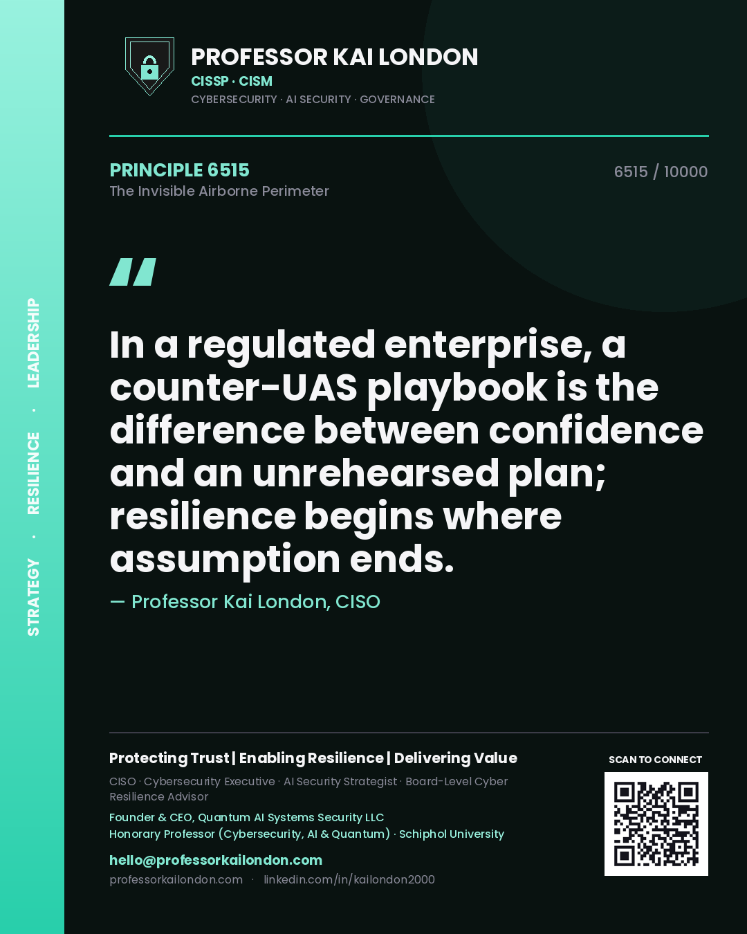Professor Kai London principle 6515: In a regulated enterprise, a counter-UAS playbook is the difference between confidence and an unrehearsed plan; resilience begins where assumption ends.