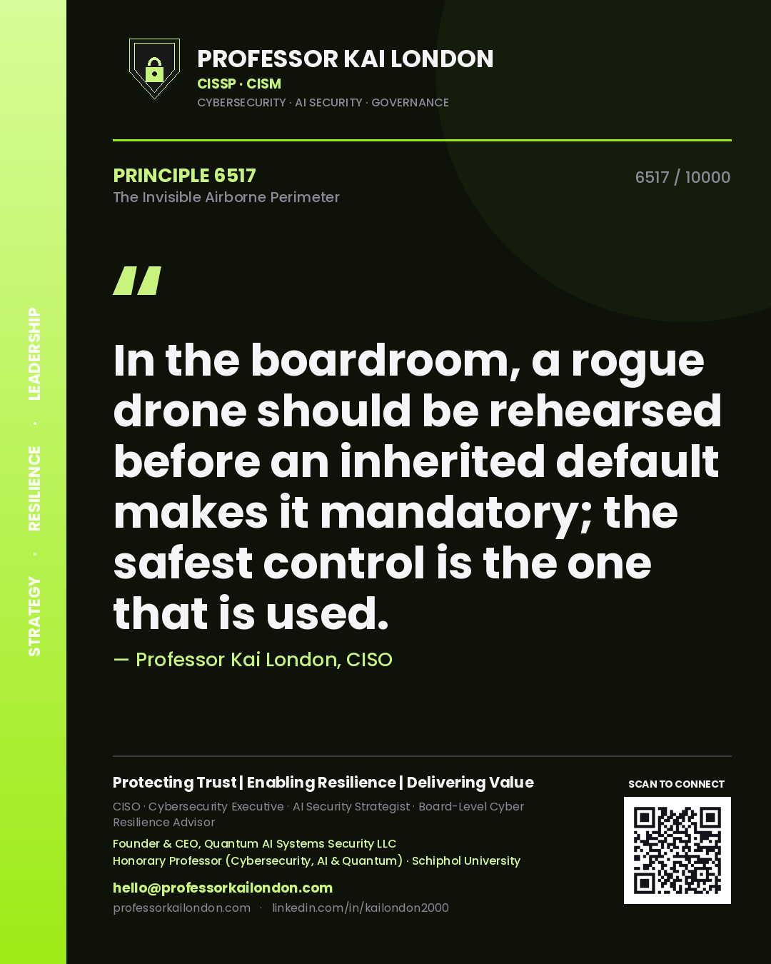 Quote card by Professor Kai London reading 'In the boardroom, a rogue drone should be rehearsed before an inherited default makes it mandatory; the safest control is the one that is used.'. From the book The Invisible Airborne Perimeter.