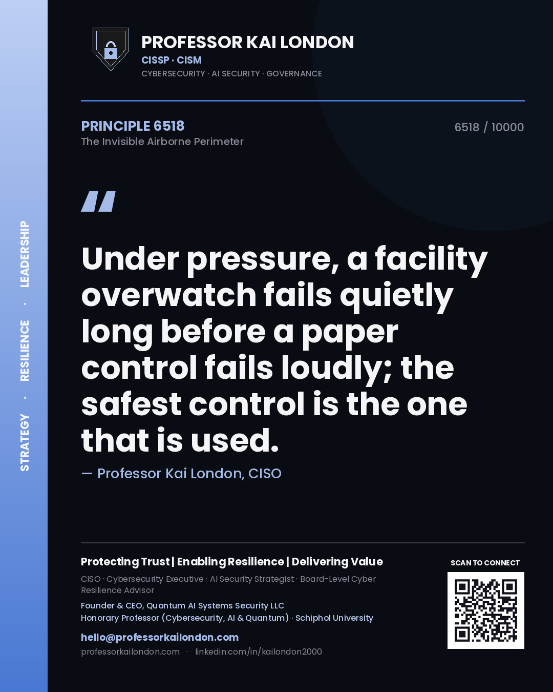 Quote card by Professor Kai London reading 'Under pressure, a facility overwatch fails quietly long before a paper control fails loudly; the safest control is the one that is used.'. From the book The Invisible Airborne Perimeter.