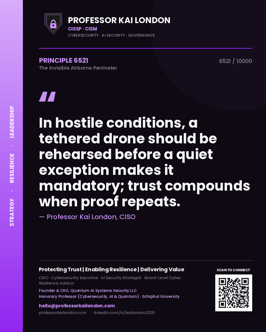Professor Kai London principle 6521: In hostile conditions, a tethered drone should be rehearsed before a quiet exception makes it mandatory; trust compounds when proof repeats.